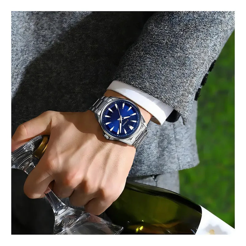 Reloj De Pulsera Curren 8424 Con Correa De Acero Inoxidable De Color Plateado, Fondo Azul