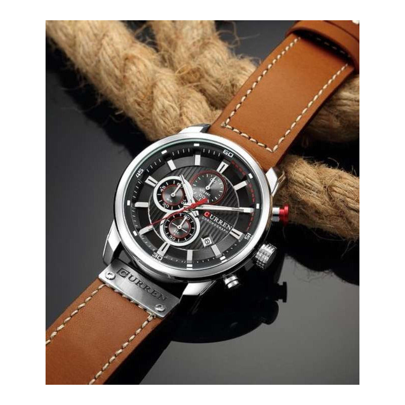 Reloj Curren 8291 Casual Moderno Maquina Japon Sub Esferas Correa Marrón Bisel Plateado Fondo Negro