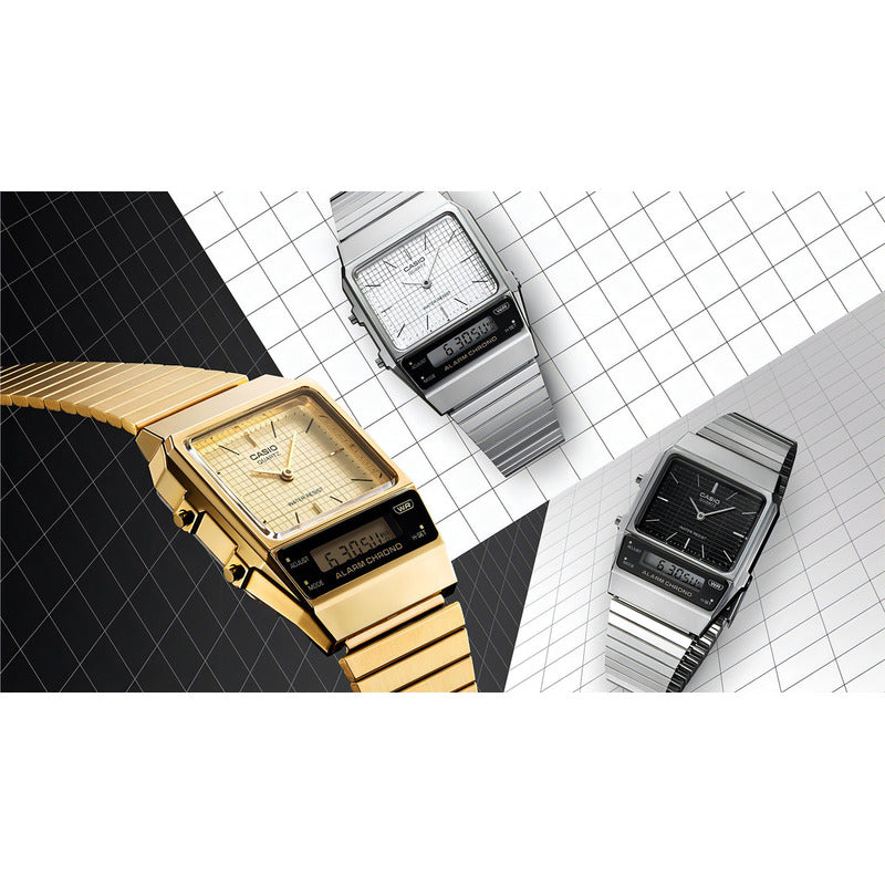 Reloj Casio Aq-800e-1a Analogo Digital Unixes Vintage Malla Plateado Bisel Plateado Fondo Negro
