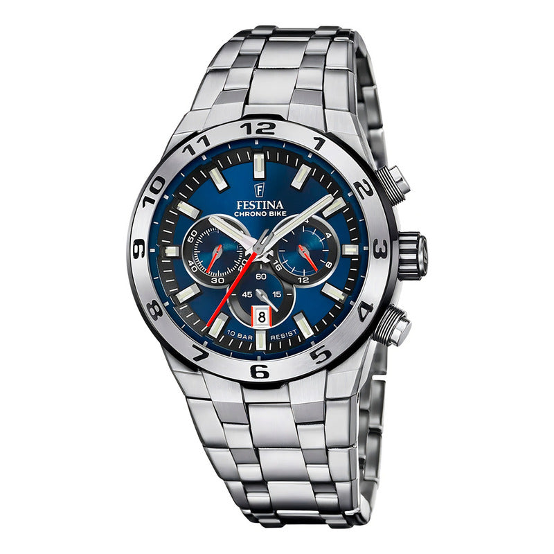 Reloj Festina Hombre Chrono Bike 2024 Acero Azul F20670/1 Malla Plateado Bisel Plateado