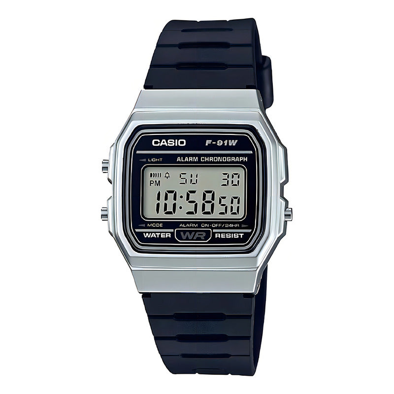 Reloj Pulsera Casio Collection F-91ws-2cf Digital De Cuerpo Plateado Para Hombre Con Correa De Resina Color Negro Gris