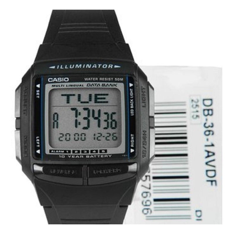 Reloj Casio Hombre Db 36 1av Correa De Resina Con Luz De Fondo Led Y Resistente Al Agua Color Negro