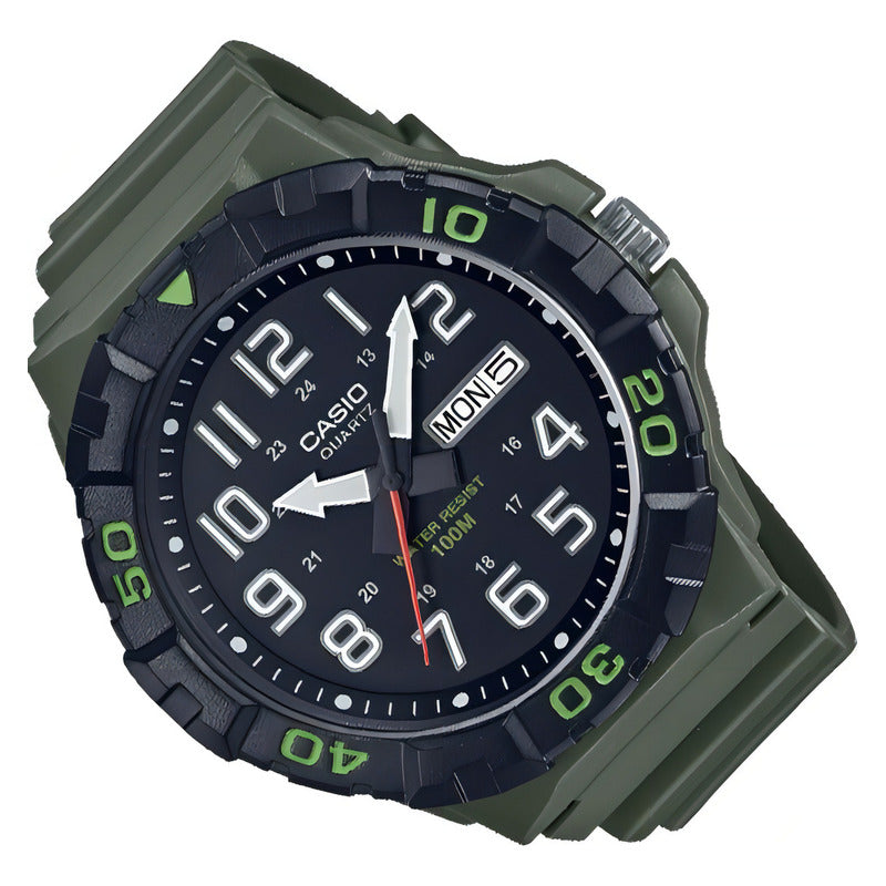 Reloj Casio Analógico Para Hombre Con Correa Verde Y Resistencia Al Agua De 100 M Negro