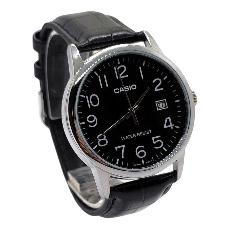 Reloj Pulsera Casio Mtp-v002l-1bu Con Correa De Cuero Color Negro - Bisel Plateado