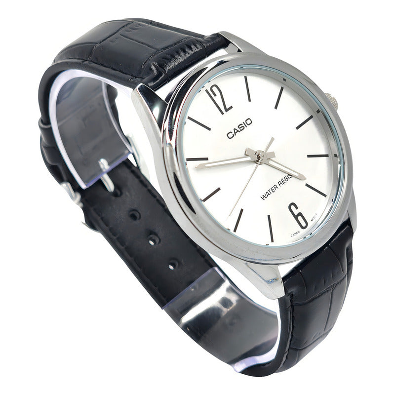 Reloj Casio Clásico Para Hombre Mtp-v005l Con Malla De Cuero Negra Negro Plateado