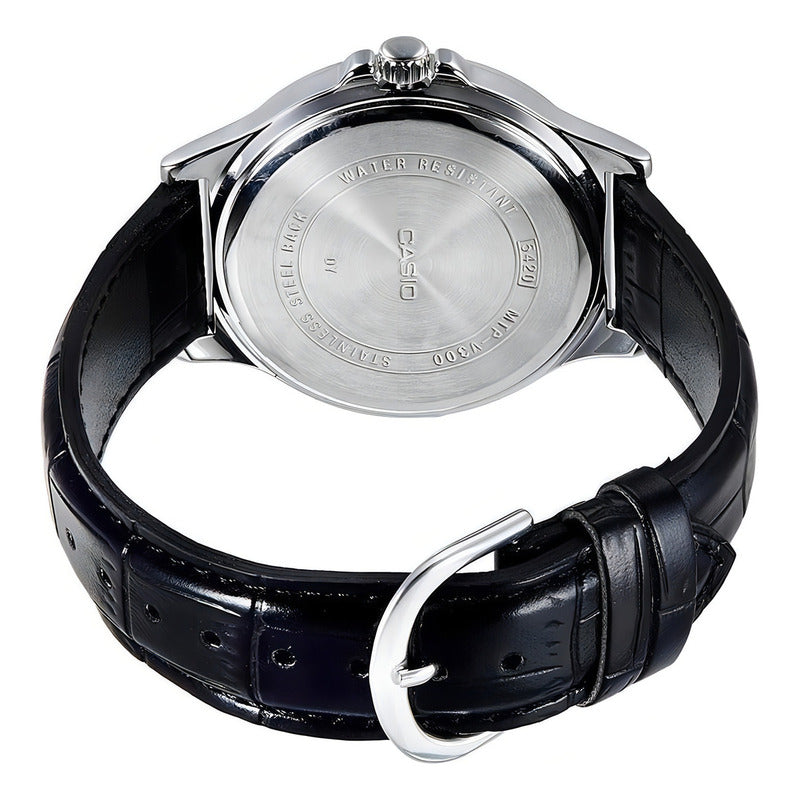Reloj Pulsera Casio Mtp-v004l-7a Con Correa De Cuero Color Negro - Fondo Blanco - Bisel Plata