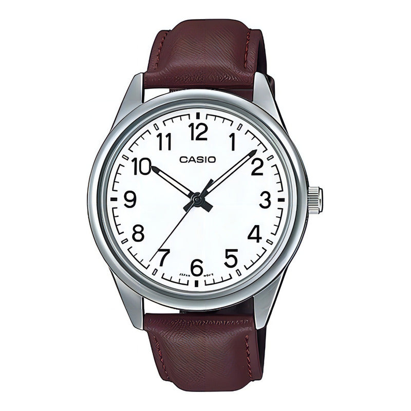 Reloj Casio Mtp-v005l-7b4udf Plateado Correa Cafe Hombre Marrón Plata Blanco