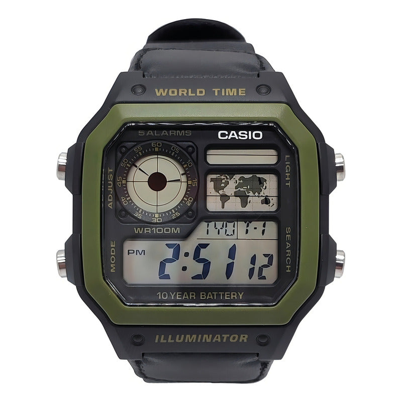Reloj Pulsera Digital Casio Ae-1200whb-1b Con Correa De Tela Color Negro - Bisel Verde
