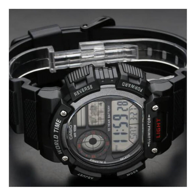 Reloj Casio Hombre Ae-1400wh-1a Digital Mapa Mundi100% Original Color De La Correa Negro