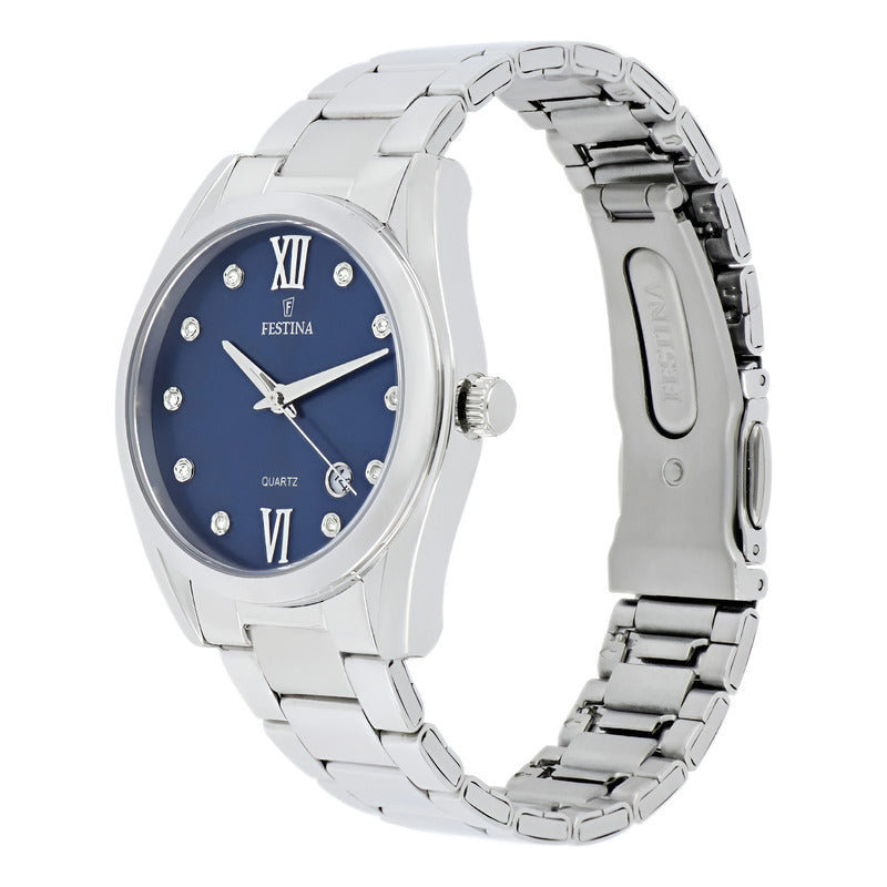 Reloj De Mujer Festina Boyfriend Con Piedras De Acero F16790 Color Del Fondo Azul Color De La Malla Plateado Color Del Bisel Plateado