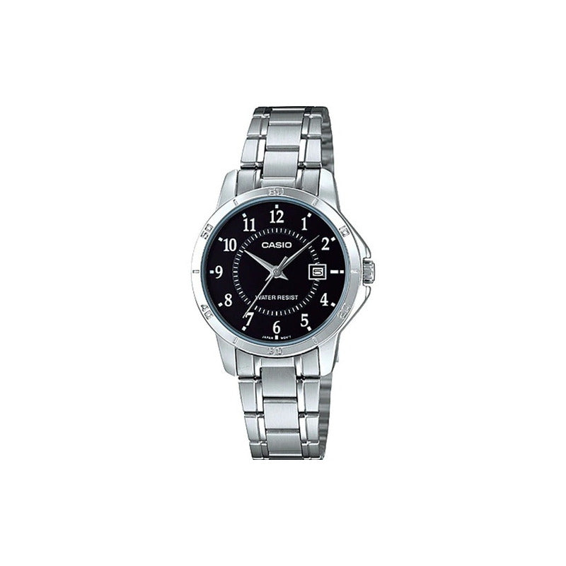 Reloj Casio Ltpv004 Mujer Fondo Negro *watchsalas* Full Color De La Correa Plateado Color Del Bisel Plateado Color Del Fondo Negro Ltp-v004d-1b