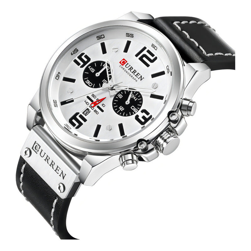 Reloj De Cuero De Lujo Curren Para Hombre Chronograph 8314-1 Color Del Bisel Blanco Negro