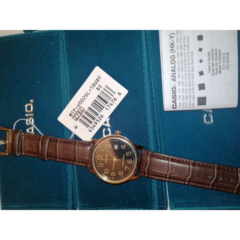 Reloj Pulsera Casio Mtp-v002gl-1b Con Correa De Cuero Color Marrón - Fondo Negro - Bisel Dorado
