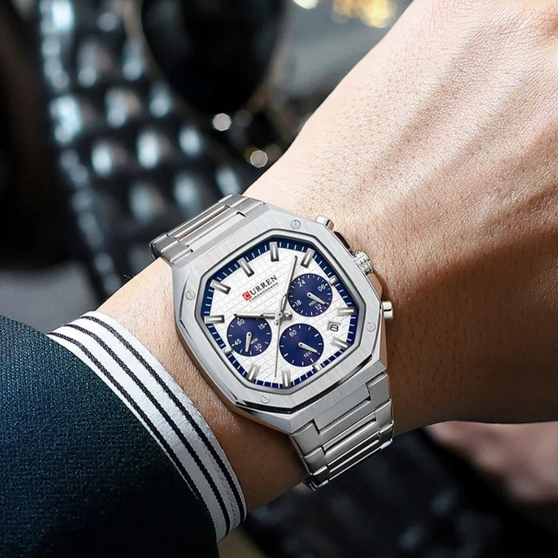 Reloj Curren Esportivo De Acero Inoxidable Plateado Para Hombre Con Cronógrafo Y Calendario Blanco