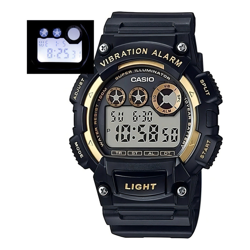 Reloj Casio W735h-1a3v Sumergible Wr 100m Alarma Vibracion Negro Gris Claro