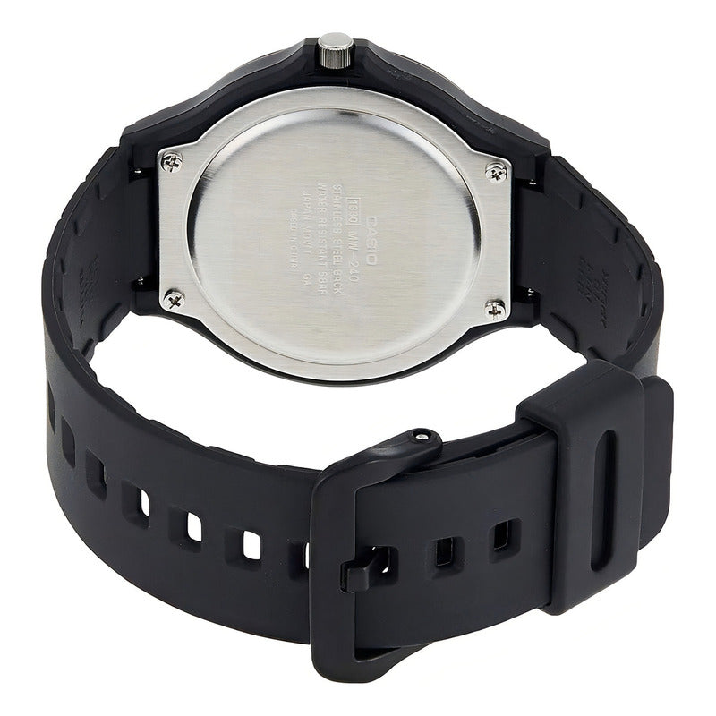 Reloj De Pulsera Casio Youth Mw-240-4bv Con Cuerpo Negro, Analógico, Para Hombre, Negro Deshecho, Con Correa De Resina Negra, Subesferas Naranjas, Manecilla Del Bisel Y Hebilla Negras.
