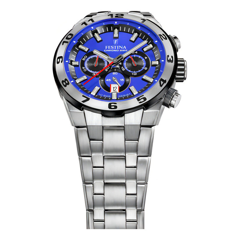 Reloj Festina Hombre Chrono Bike 2024 Azul Fecha F20670.3 Malla Plateado Bisel Plateado