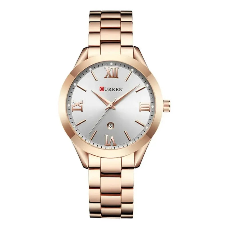 Reloj Curren 9007 Para Mujer Acero Inoxidable - Rose Gold Fondo Blanco Perla