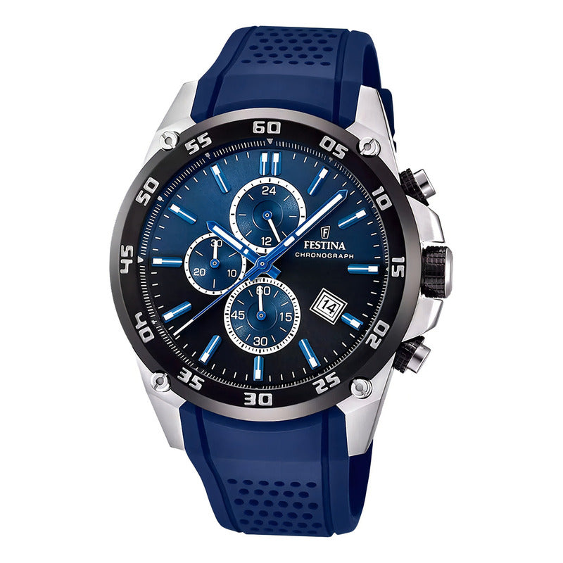 Reloj Festina Hombre Chronograph Caucho Azul 100mts F20330.a Bisel Negro