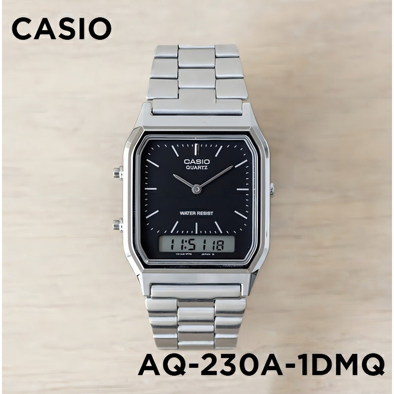 Reloj Pulsera Casio Aq-230 Con Correa De Acero Inoxidable Color Plateado - Fondo Negro/gris