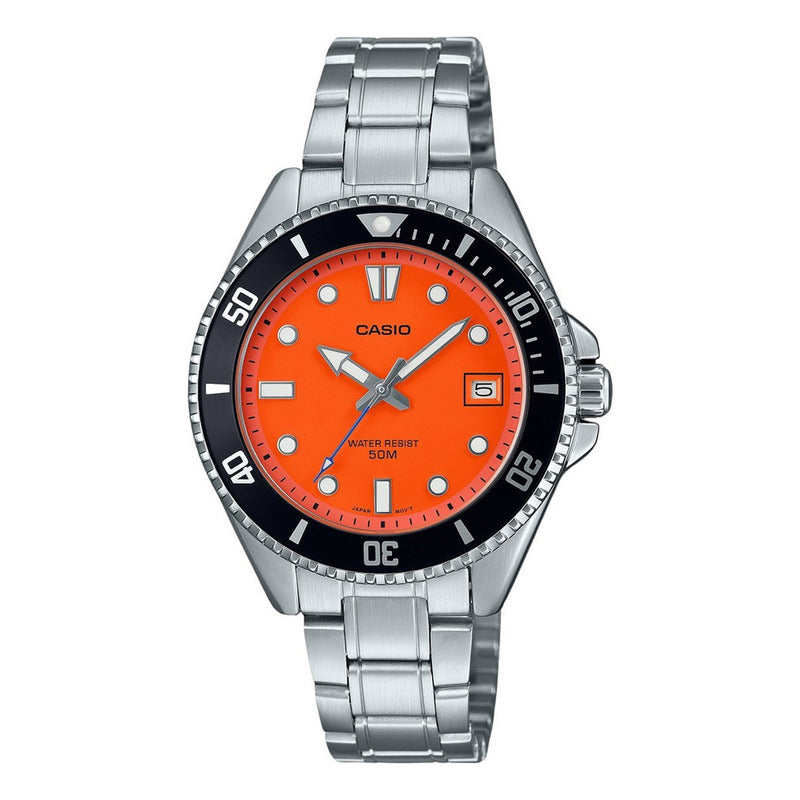 Reloj Casio Hombre Mdv-10d-4a1 Original Plateado Negro Naranja