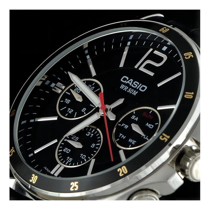 Reloj Casio Mtp-1374l-1a Hombre Multifuncion Acero Cuero 50m Wr Negro