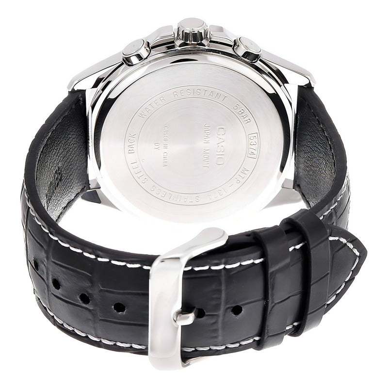 Reloj Casio Mtp-1374l-1a Hombre Multifuncion Acero Cuero 50m Wr Negro