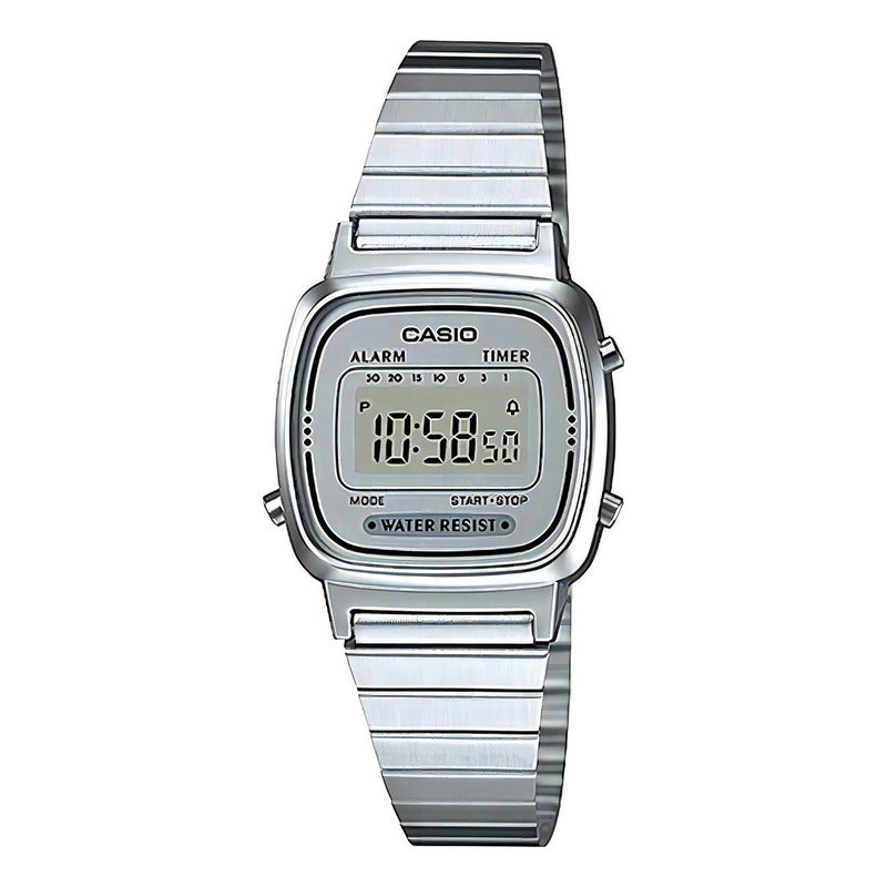 Reloj Pulsera Digital Casio La670wa-7df Con Correa De Acero Color Plata - Fondo Gris - Bisel Plateado