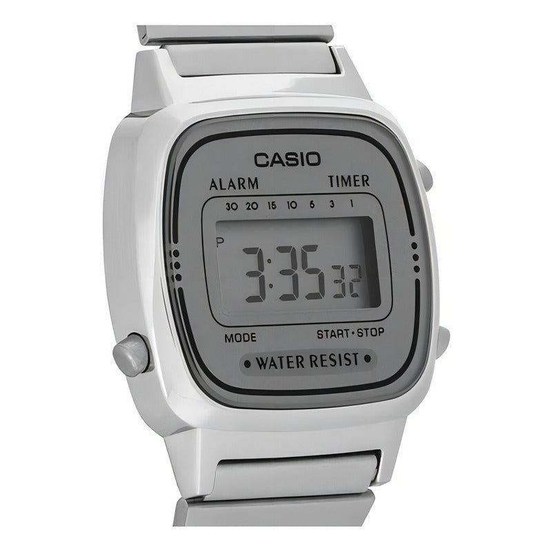 Reloj Pulsera Digital Casio La670wa-7df Con Correa De Acero Color Plata - Fondo Gris - Bisel Plateado