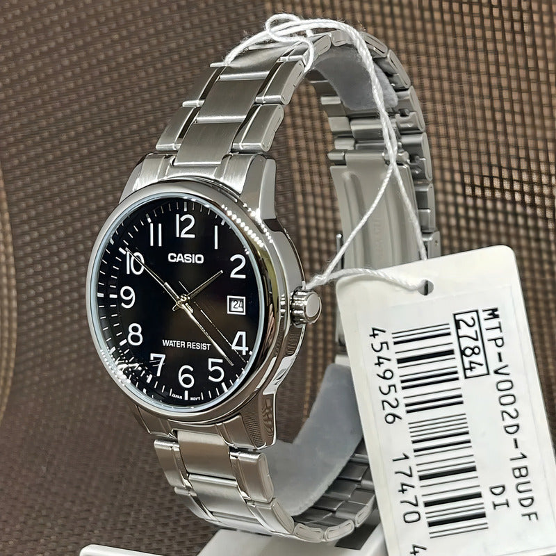 Reloj Pulsera Casio Mtp-v002d-1bu Con Correa De Acero Inoxidable Color Plateado - Fondo Negro
