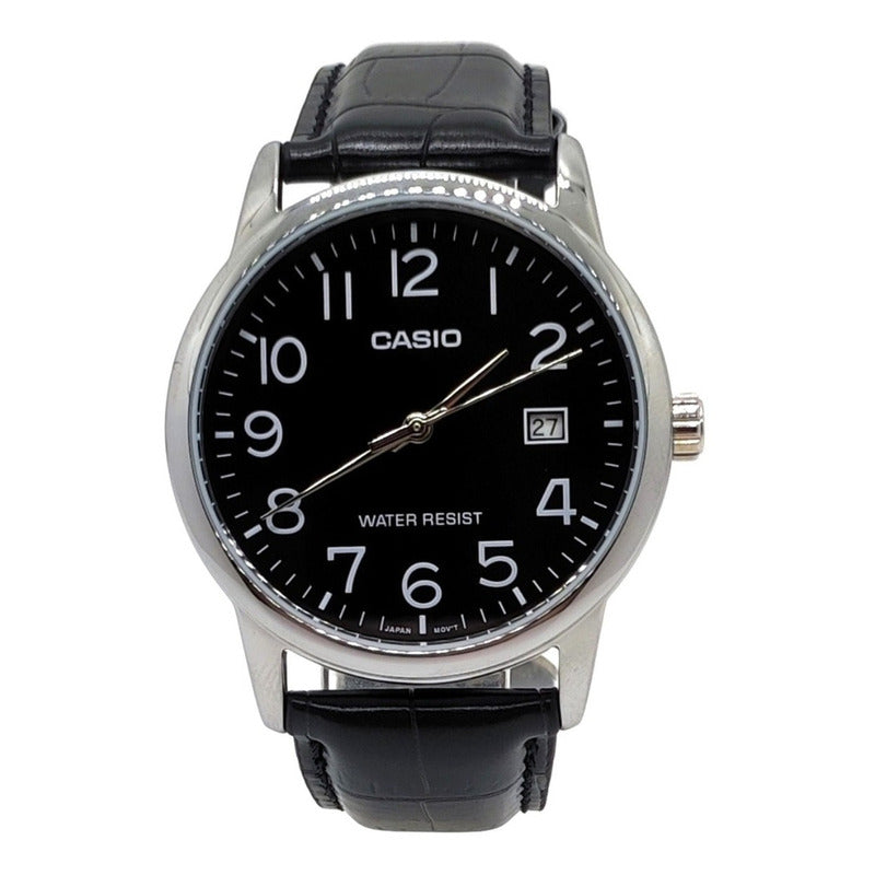 Reloj Pulsera Casio Mtp-v002l-1bu Con Correa De Cuero Color Negro - Bisel Plateado
