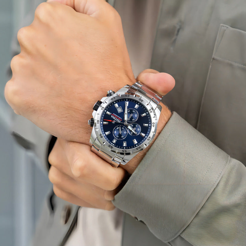 Reloj Pulsera Festina F20463 Con Correa De Acero Inoxidable Color Plateado - Fondo Azul