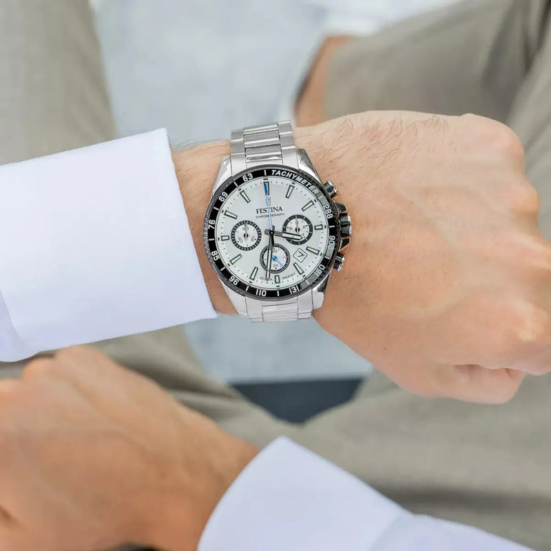 Reloj Festina Hombre Ceramic Cronografo !!! Malla Plateado Bisel Negro Fondo Blanco
