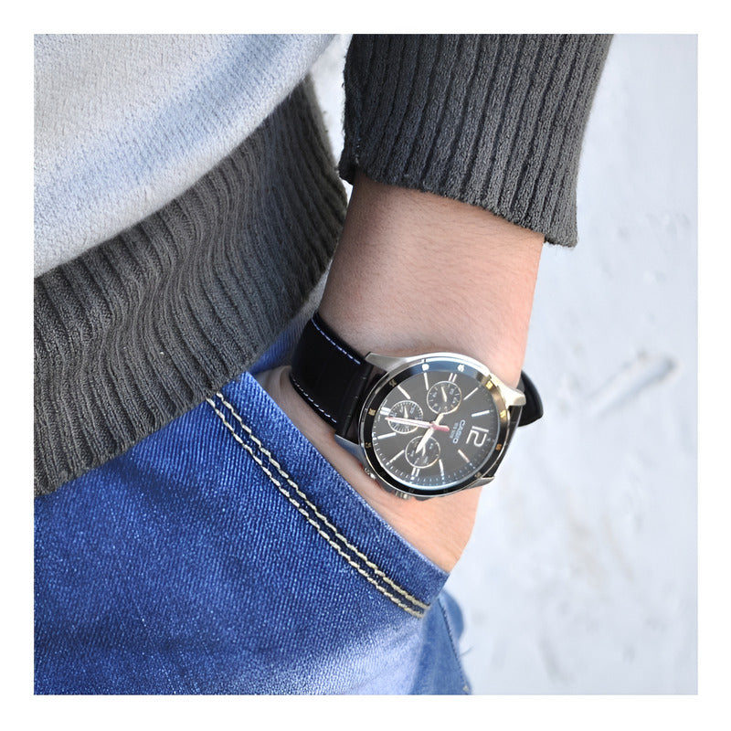 Reloj Casio Mtp-1374l-1a Hombre Multifuncion Acero Cuero 50m Wr Negro