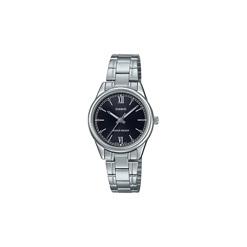 Reloj Casio Dress Ltp-v005d-1b2 Dama, Acero Inoxidable, Color Del Fondo Negro Con Numeros Romanos, Color De La Correa Plateado, Color Del Bisel Plateado.