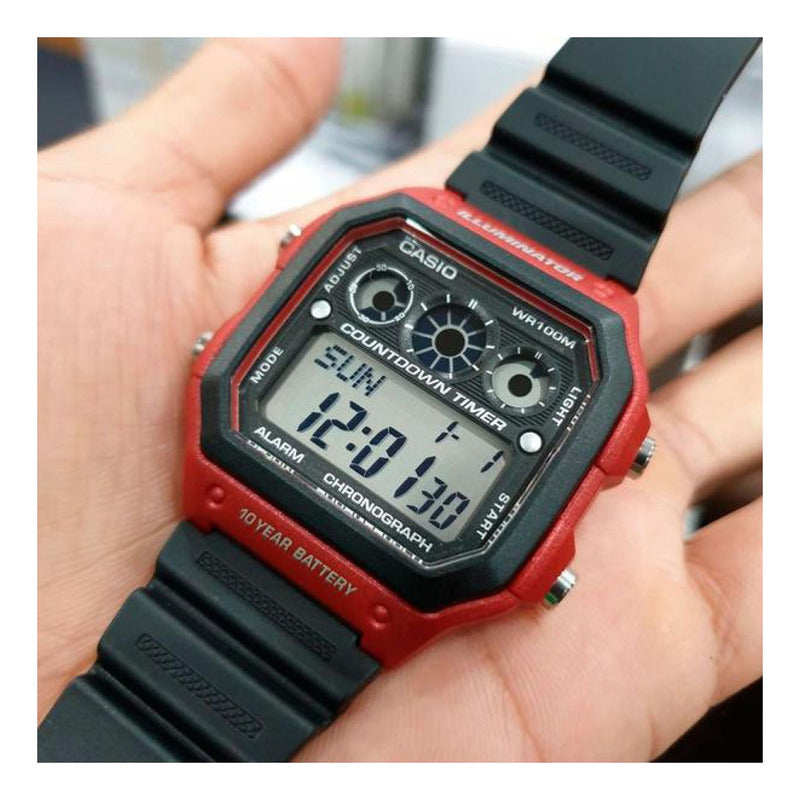 Reloj Pulsera Digital Casio Ae-1300wh-4a Con Correa De Resina Color Negro - Bisel Rojo/negro