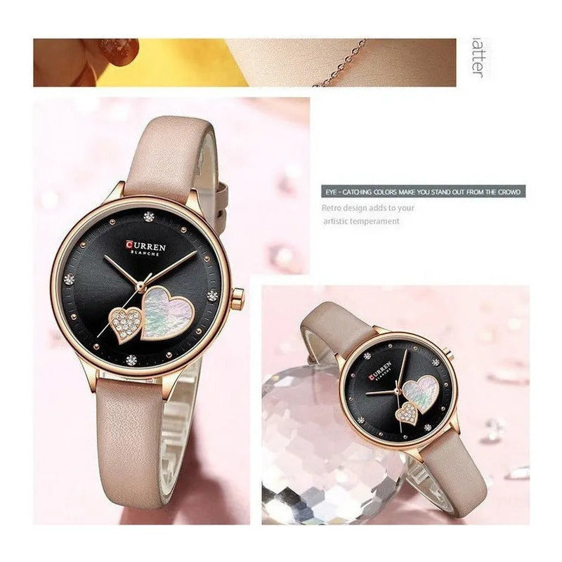 Reloj De Cuarzo De Cuero Con Diamantes Casual Curren Correa Pink Dorado