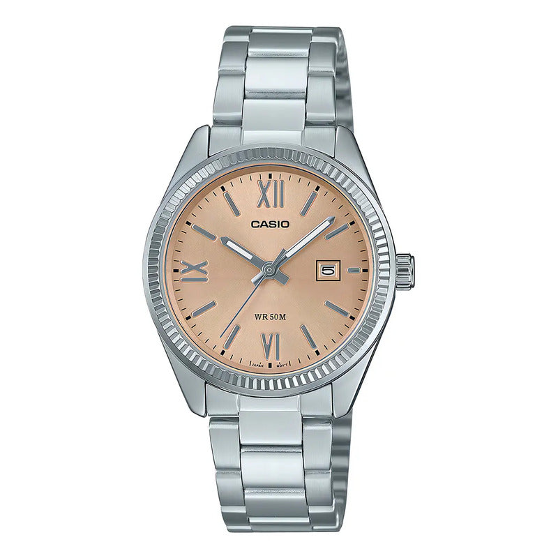 Reloj Casio Ltp-1302dd-4a2vdf Para Mujer, Con Correa Y Bisel Plateado Y Fondo Rosa