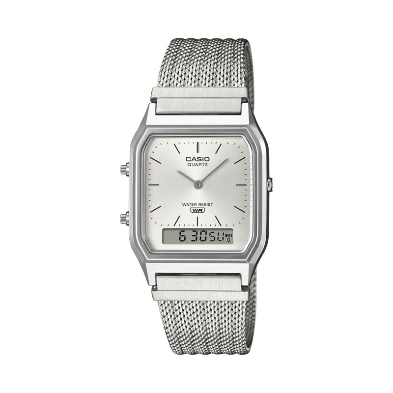 Reloj Casio Vintage Analógico Digital Plateado Acero Con Calendario
