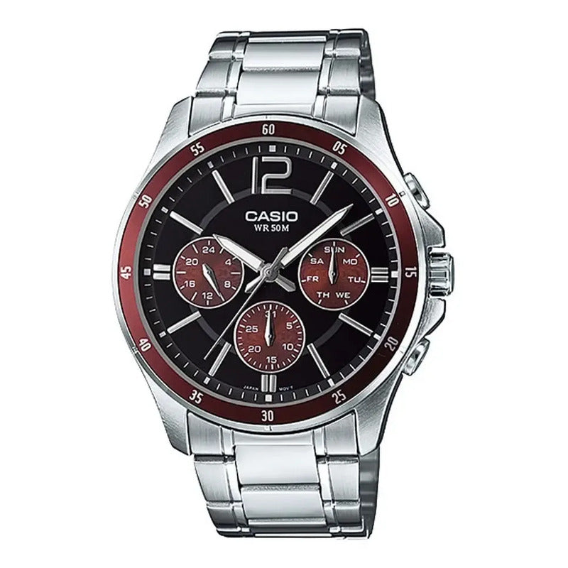 Reloj Casio Hombre Mtp-1374d Colores Surtidos/relojesymas Correa Plateada Bisel Negro Fondo Rojo Oscuro 5a