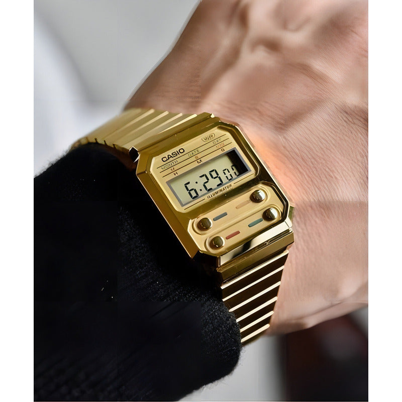 Reloj Casio Vintage A-100weg-9a Digital, Dorado Y Con Correa De Acero Inoxidable