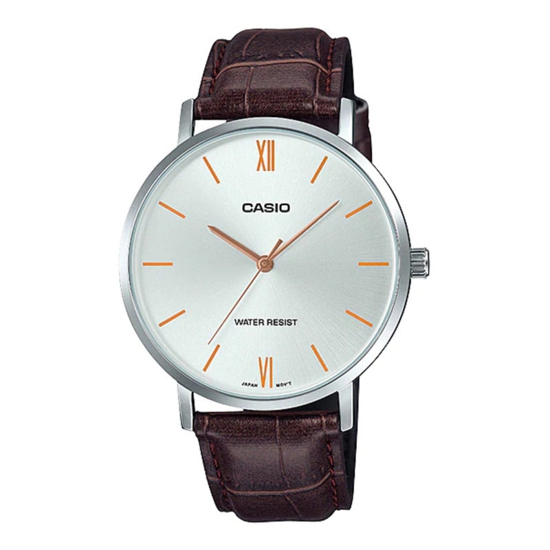 Reloj De Pulsera Casio Dress Mtp-vt01l-7b2 Relojesymas Marrón Plateado