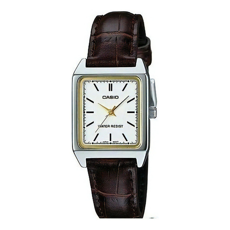 Reloj Casio Dama Modelo Ltp-v007 Piel Café Carátula Blanca Plateado Blanco