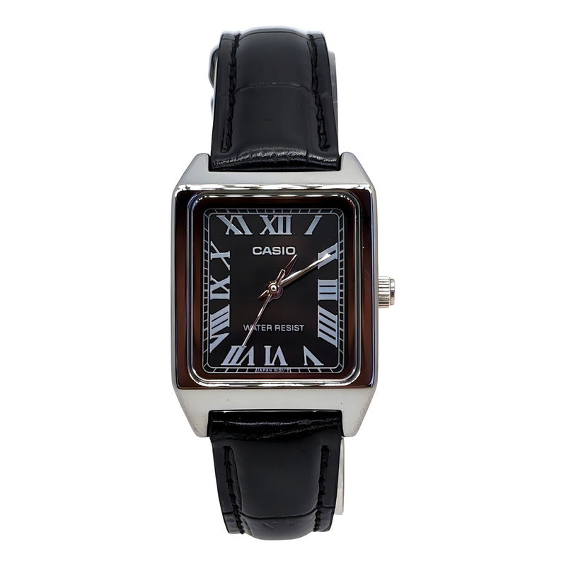 Reloj Casio Dama Correa Piel Genuina Ltp-v007l-1bu Negro Plateado