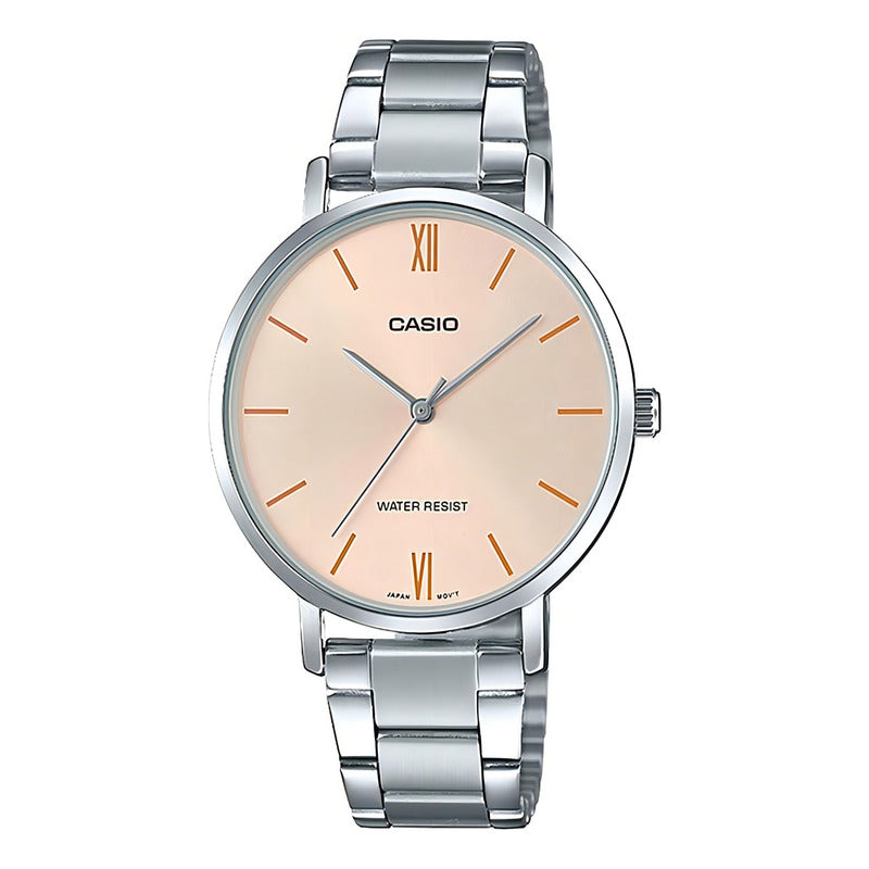 Reloj Casio Ltp-vt01d-4budf Cuarzo Mujer Color De La Correa Plateado Color Del Bisel Plateado Color Del Fondo Rosa Plata