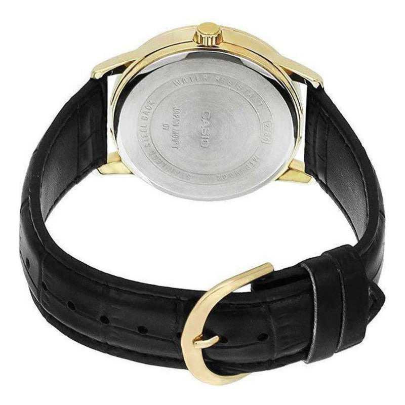 Reloj Pulsera Casio Mtp-v002gl-7b2u Con Correa De Cuero Color Negro - Fondo Blanco - Bisel Dorado