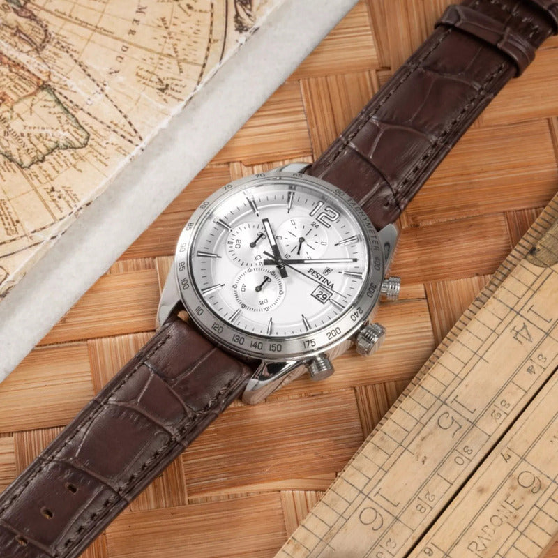 Reloj Pulsera Festina F16760/4 Con Correa De Cuero Color Marrón - Fondo Gris-plata