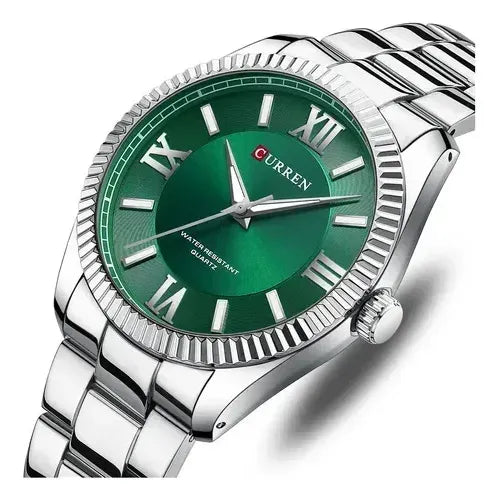 Reloj Curren 8453 De Acero Plateado Con Bisel Y Fondo Verdes Para Hombre Verde