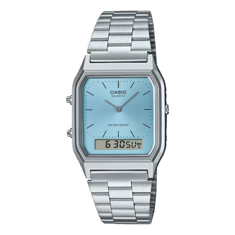 Reloj De Pulsera Casio Aq-230a-2a1 Analogo Digital Original Plateado Celeste