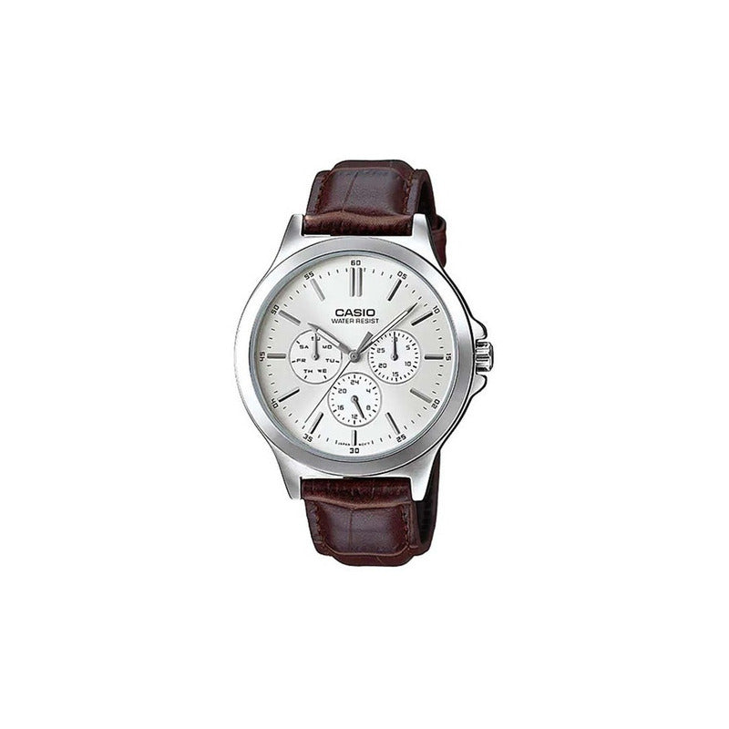 Reloj Casio Hombre Mtp-v300l-7a Cuero Original Marrón Plateado